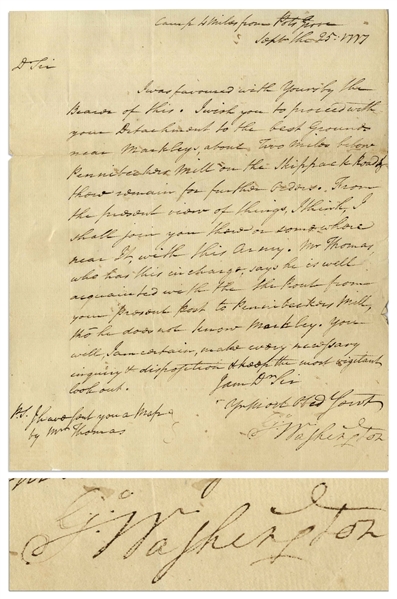 George Washington Letter Signed, One Day Before the British Captured Philadelphia -- ''...keep the most vigilant lookout...''